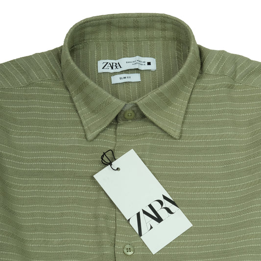 ZARA Mystic Olive Slim Fit Short Sleeve Button-Up Shirt