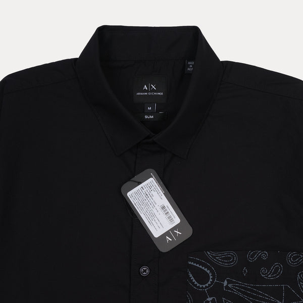 A|X Armani Exchange Slim Fit Black Button-Up Shirt with Contrast Pocket