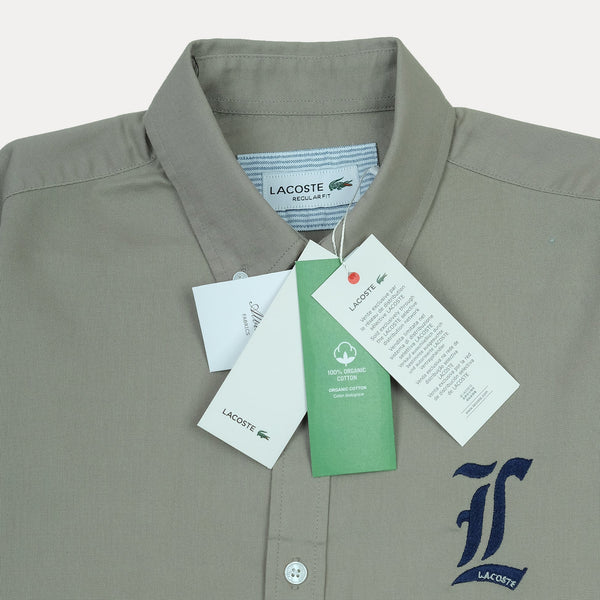 Lacoste Organic Cotton Sage Green Button-Up Shirt with Elegant Embroidery