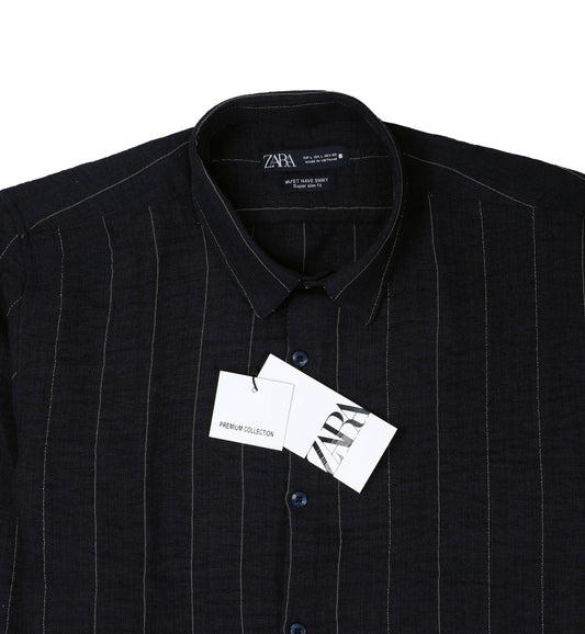 ZARA Midnight Teal Tailored Fit Long Sleeve Striped Shirt